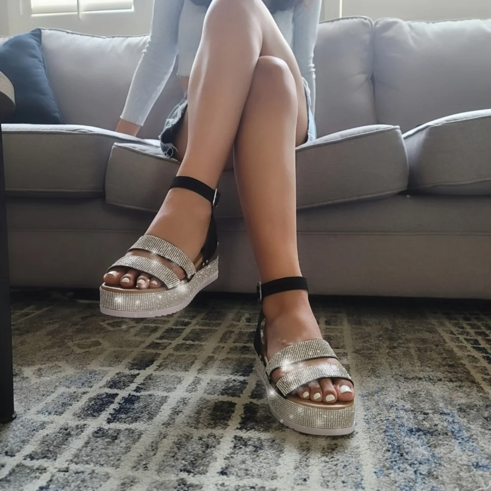 Women's glitter rhinestone 2 band platform sandals - Picture 5 of 8